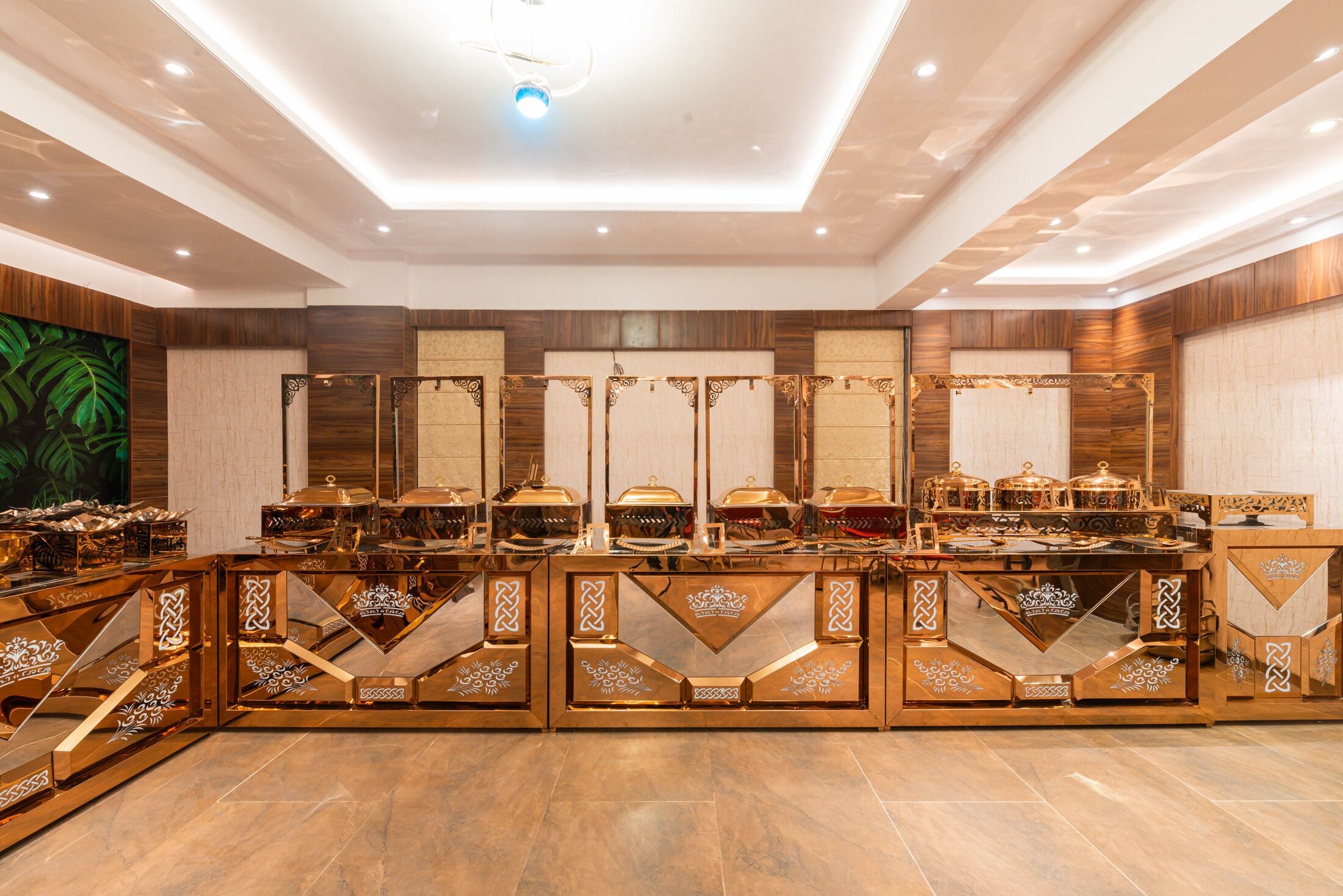 Detail of the brass buffet counters and chafing dishes