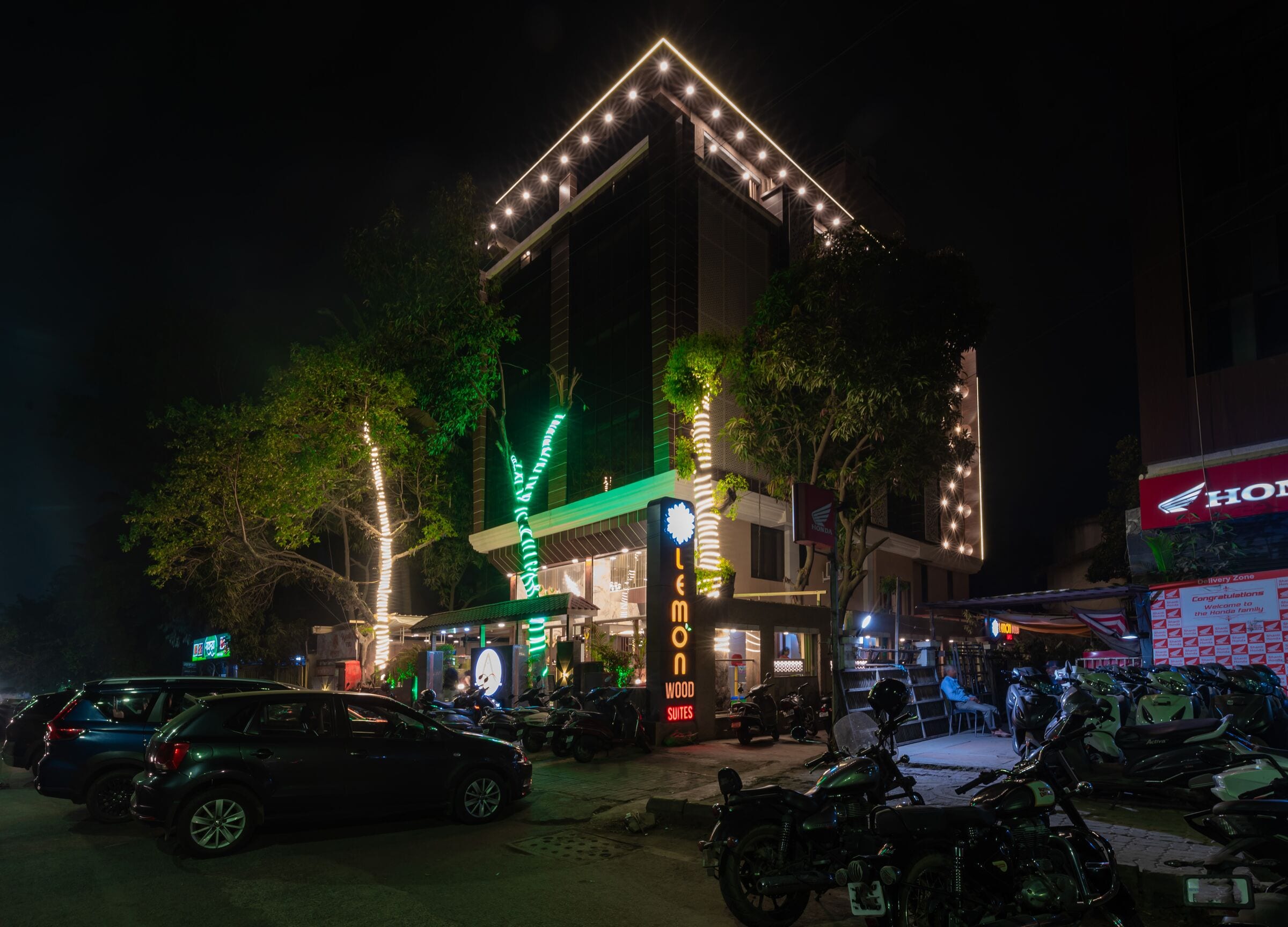 The hotel entrance at night, trees wrapped in lights